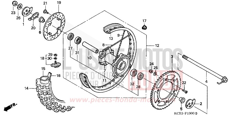 REAR WHEEL for XR250R FIGHTING RED (R134) from 2000