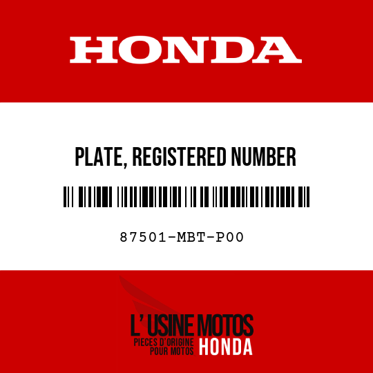 image de 87501-MBT-P00 PLATE, REGISTERED NUMBER