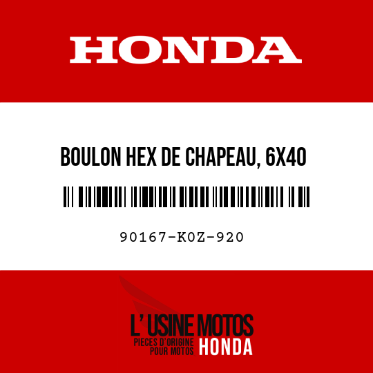 image de 90167-K0Z-920 BOULON HEX DE CHAPEAU, 6X40